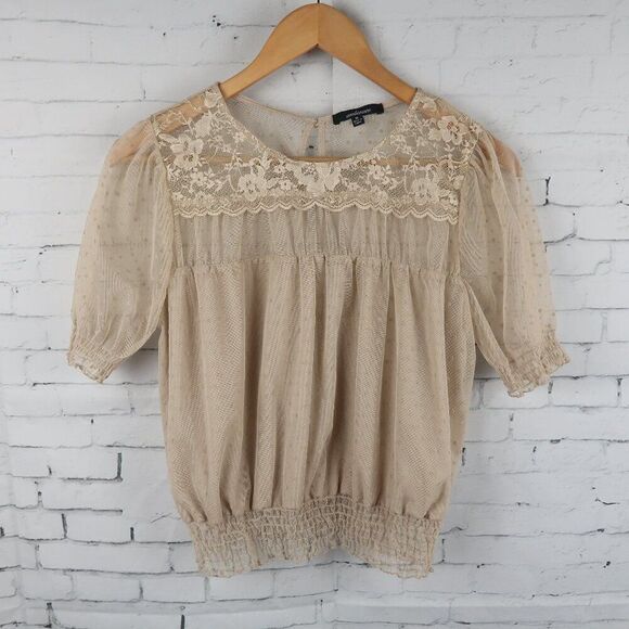 AMBIANCE TAN SHORT SLEEVE ROUND NECK SHEER TOP WITH LACE DETAIL SIZE M - Picture 1 of 9